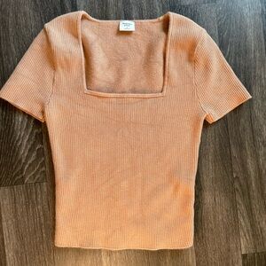 Abercrombie & Fitch Short Sleeve Knit Top Ribbed Square Neck Tan Camel Stretch S